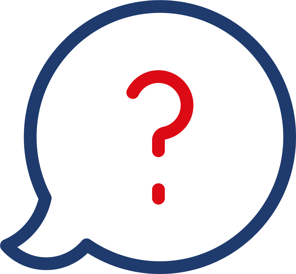 blue and red outline icon of a speech bubble with a question mark in the center