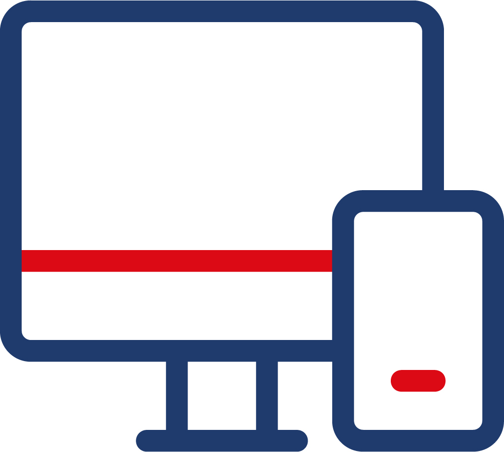 red and blue outline icon of computer monitor beside a cell phone