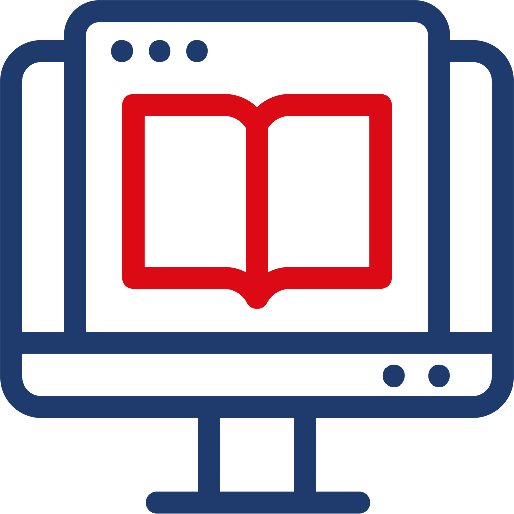 blue and red icon outlines of a computer monitor with a book on the screen