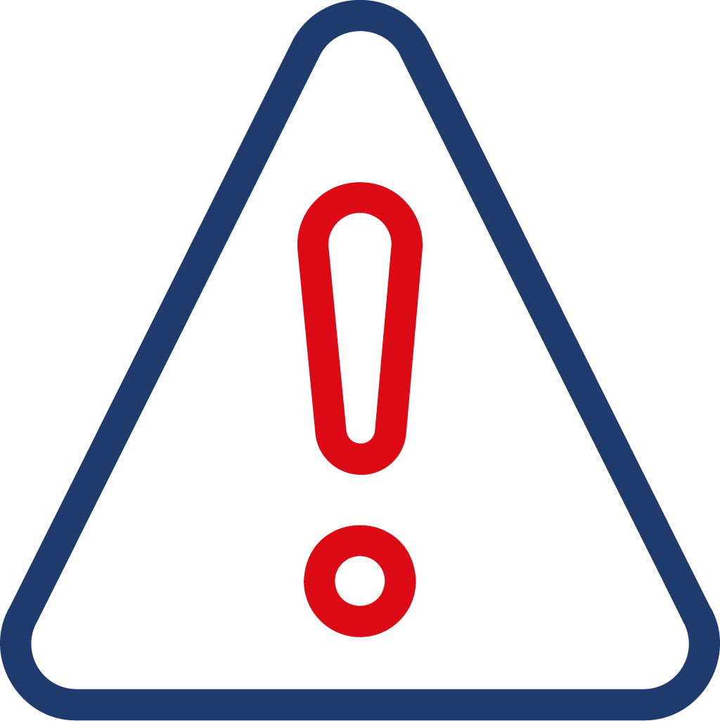 red and blue icon outline of a warning sign, a triangle with an exclamation in the center