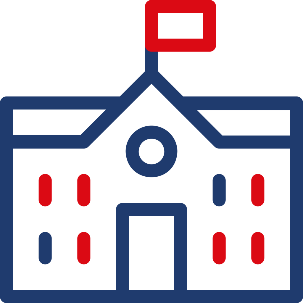 Blue and red outline of a schoolhouse