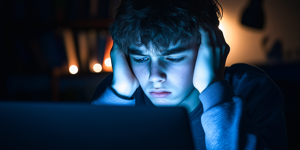 young man sitting in the dark looking at a computer screen with hands on his temples looking distressed