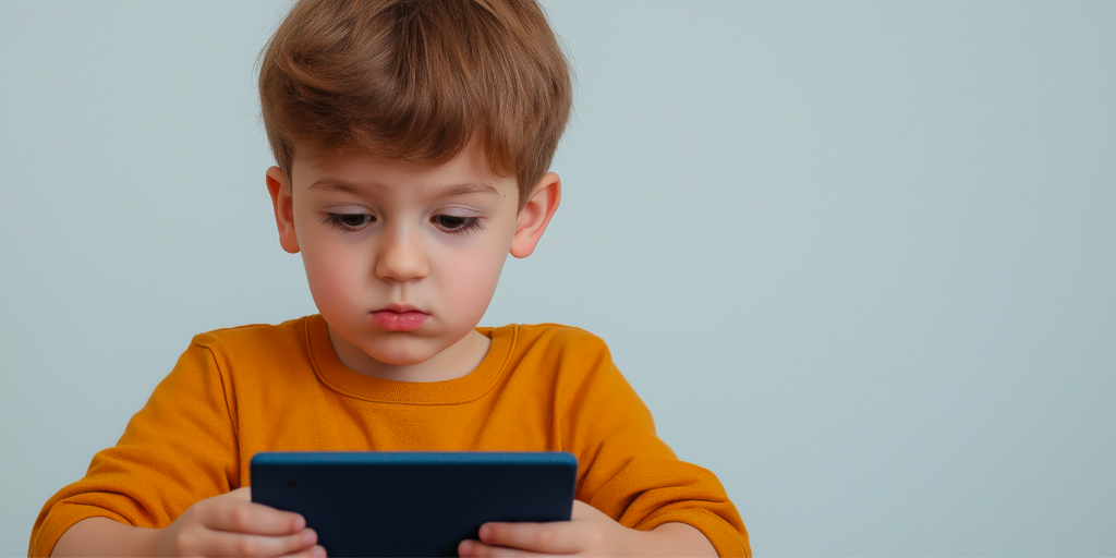 a young boy by himself on a digital device in front of a white wall