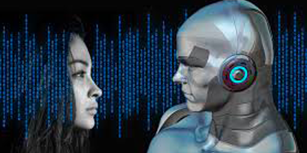 Tech looking image of a profile of a young women looking at the profile of a AI image