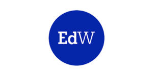 White text EdW inside a blue circle on a white background
