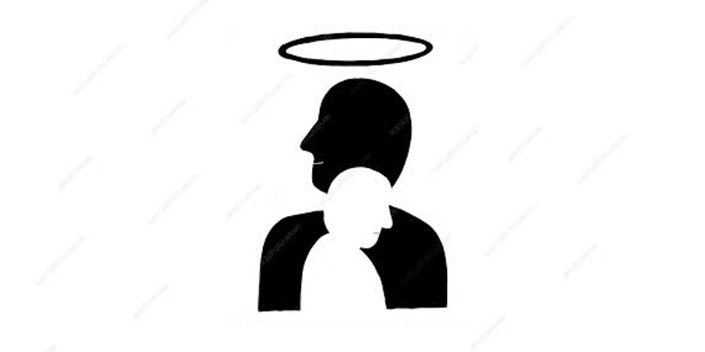 Two images, one black silhouette, with a white silhouette within and a black halo floating above both