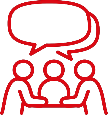 Red outlines of an icon three people sitting together with speech bubbles above their heads