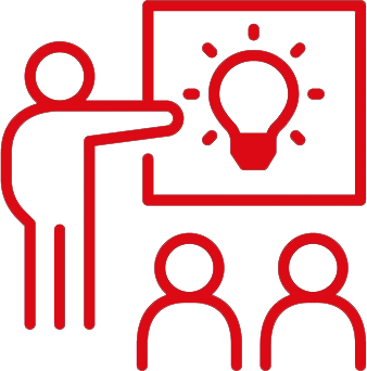 Red outlines of an icon with three people, two are sitting in front of a board with the symbol of a light bulb and the third is pointing at the board as though teaching