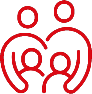 Red outlines of an icon of four people symbolizing a family with two larger figures behind two smaller figures with their arms around them
