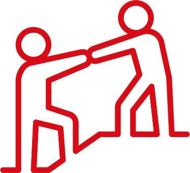 Red outlines of an icon of two people climbing and one is helping the other up