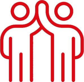 Red outlines of an icon of two people holdings hands raised above their heads