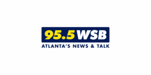 A blue rectangle with yellow text of 95.5 and white text WSB inside and above blue text of Atlanta's News & Talk all centered on a white bakground