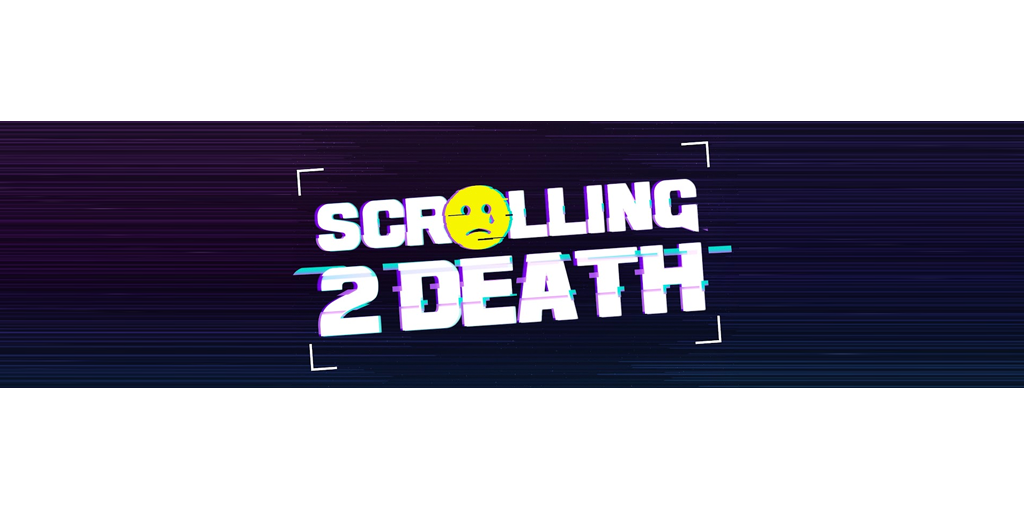 White text of Scrolling 2 Death where the O is a sad face emoji on top of a gradient purple background