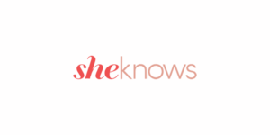 text centered on a white background that reads "she" in a pink-red color and "knows" in a light salmon pink color