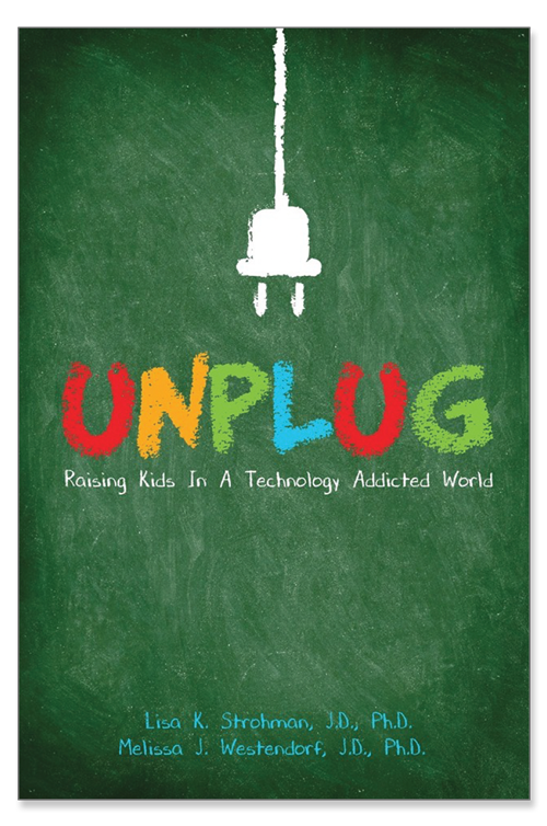 A white electrical plug dangling from the top center above the colorful text "Unplug" ontop of a green brackground with a scratched appearance