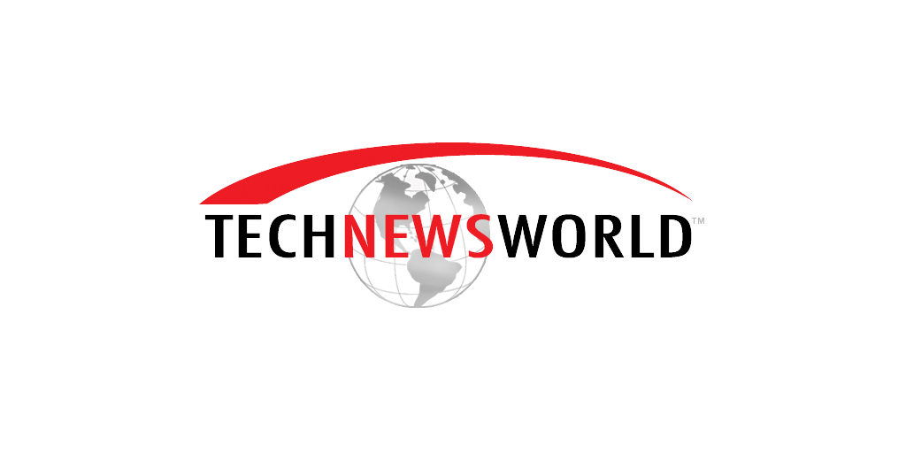 Black and red text of "TechNewsWorld" in front of a gray globe with a red arched line above centered on a white background