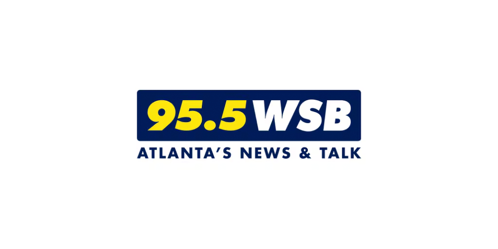 A blue rectangle with yellow text of 95.5 and white text WSB inside and above blue text of Atlanta's News & Talk all centered on a white bakground