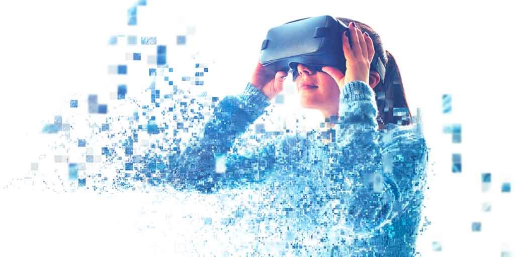 Young female wearing a virtual reality with digital data surrounding her in front of a white background